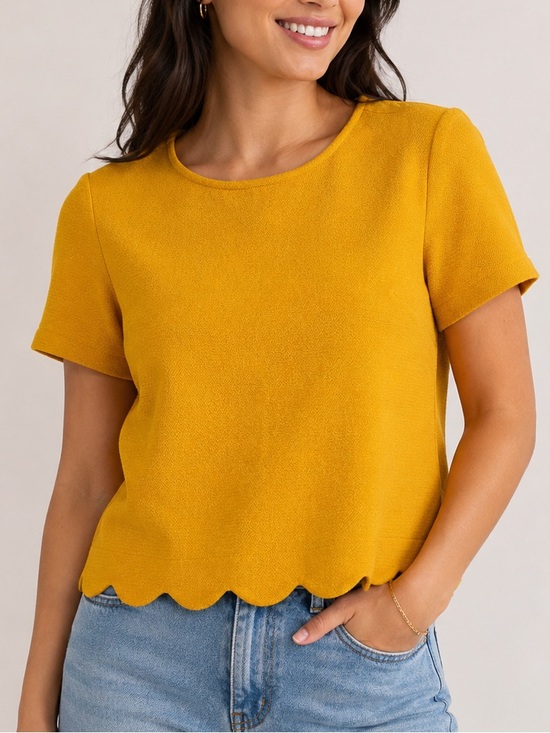 twik Tops - Twik Simons Mustard Scallop Hem Boxy Crop Top Short Sleeve XS
